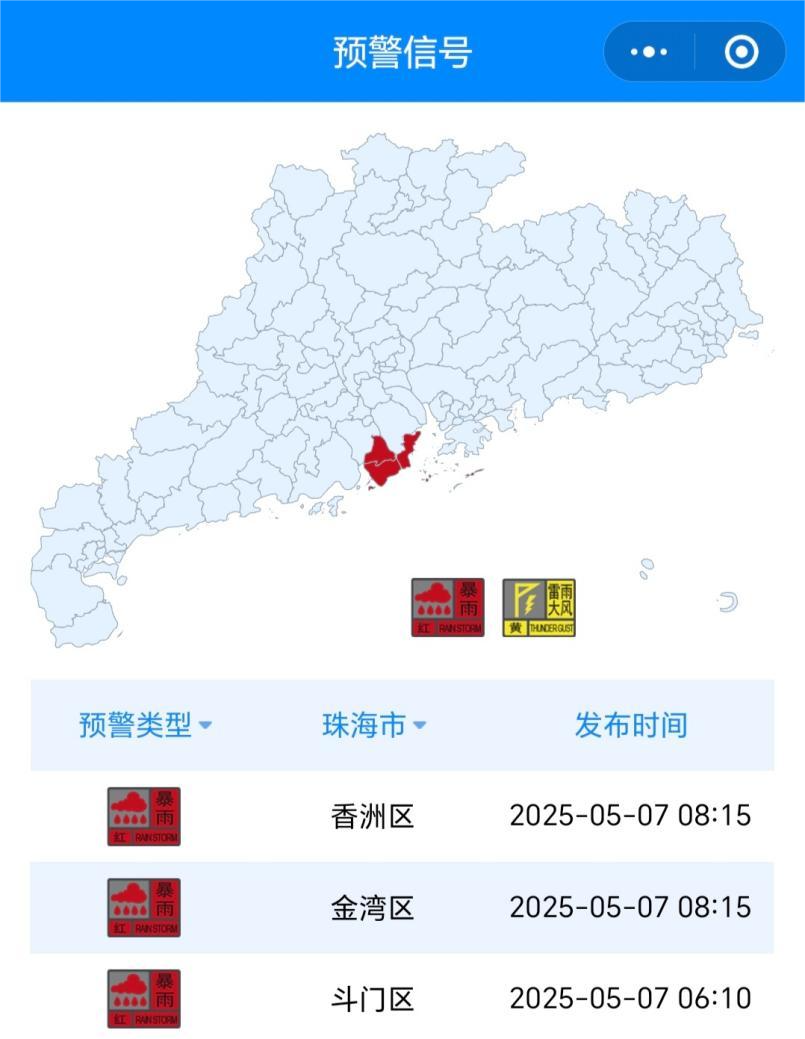 珠海市暴雨红色预警信号。图片来源:广东省气象台小程序
