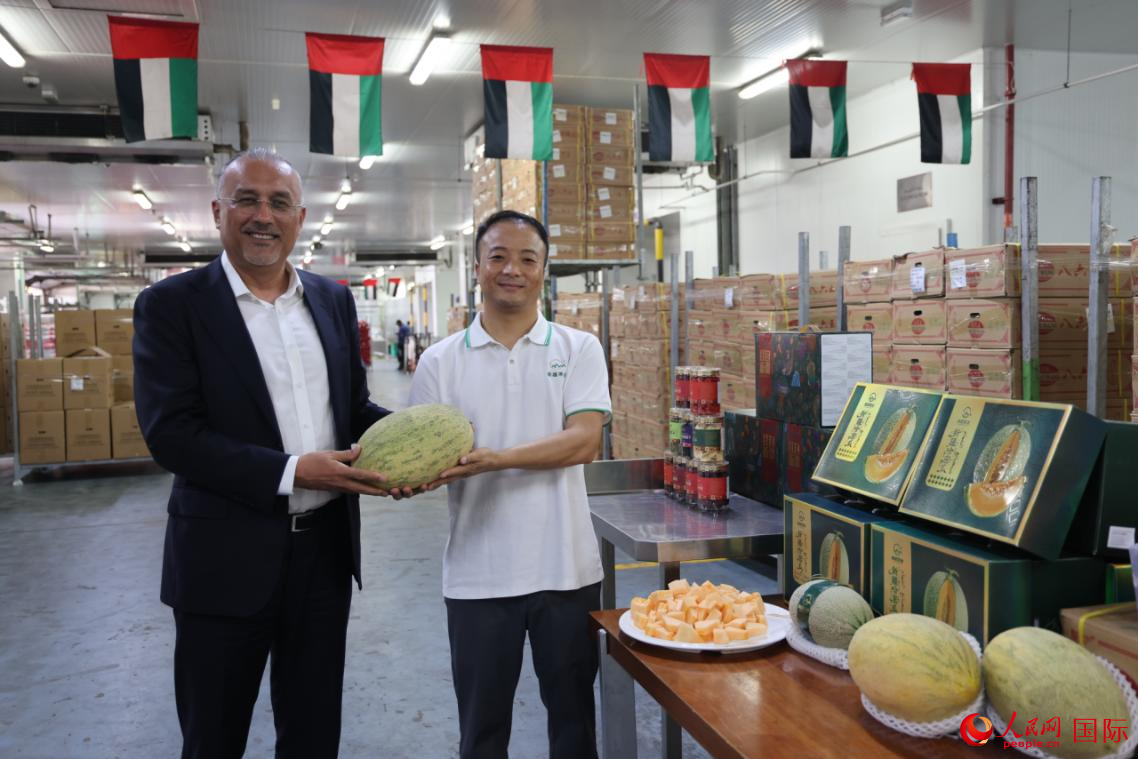 在位于迪拜的物流冷库,阿联酋中国新疆商会会长阿不来提(左)与新疆果业代表共同展示此次运抵的蜜瓜产品,人民网记者张志文摄